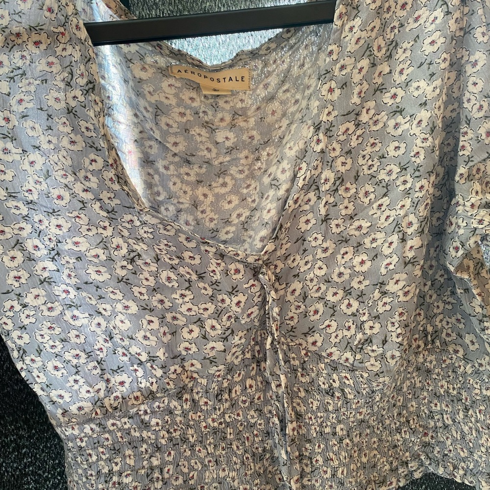 Aeropostale Blue Smocked Short Sleeve Crop Blouse